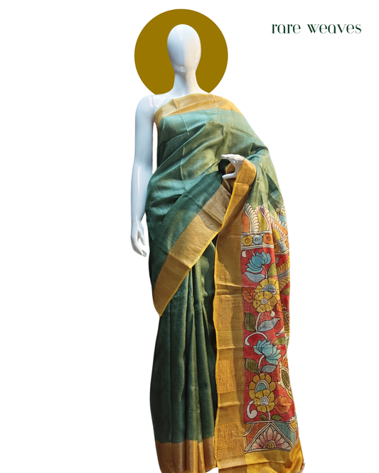 Handpainted Kalamkari on Tussar Silk with Zari Border