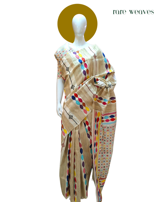 Kantha and Gujarati work on Katan Tussar Silk
