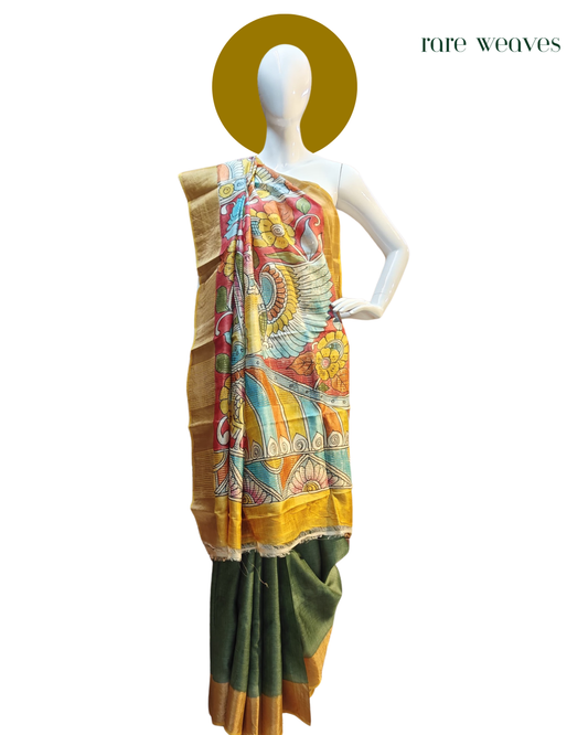 Handpainted Kalamkari on Tussar Silk with Zari Border