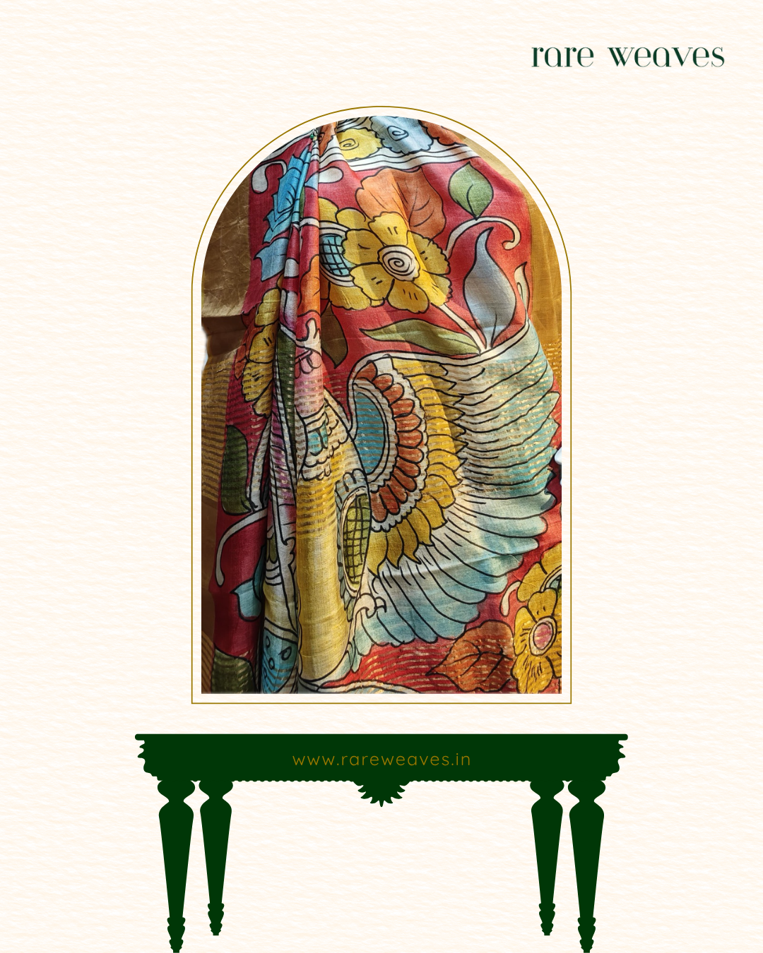 Handpainted Kalamkari on Tussar Silk with Zari Border