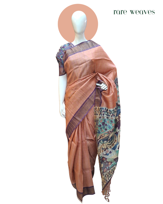 Gachi Tussar with Zari Border and Hand Kalamkari