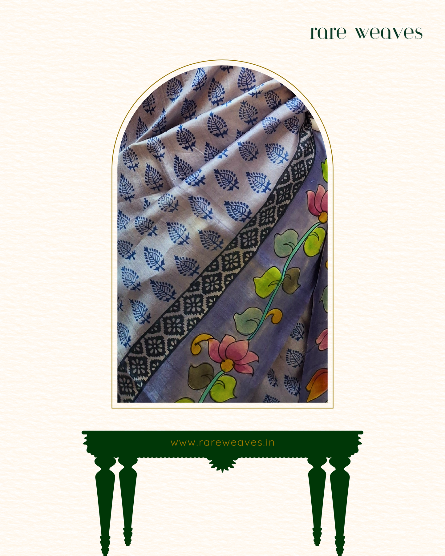 Handpainting and Hand Block on Gachi Tussar Silk Saree