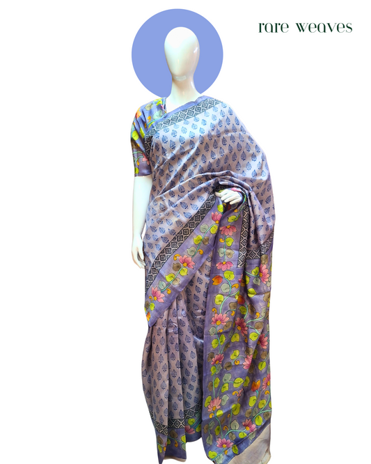 Handpainting and Hand-block on Gachi Tussar Silk Saree