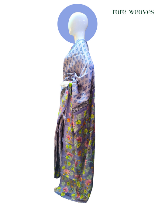 Handpainting and Hand-block on Gachi Tussar Silk Saree