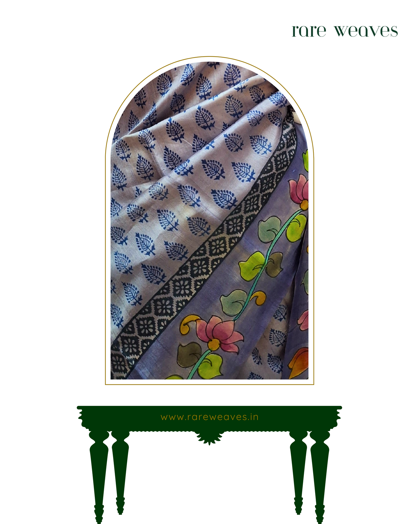 Handpainting and Hand-block on Gachi Tussar Silk Saree