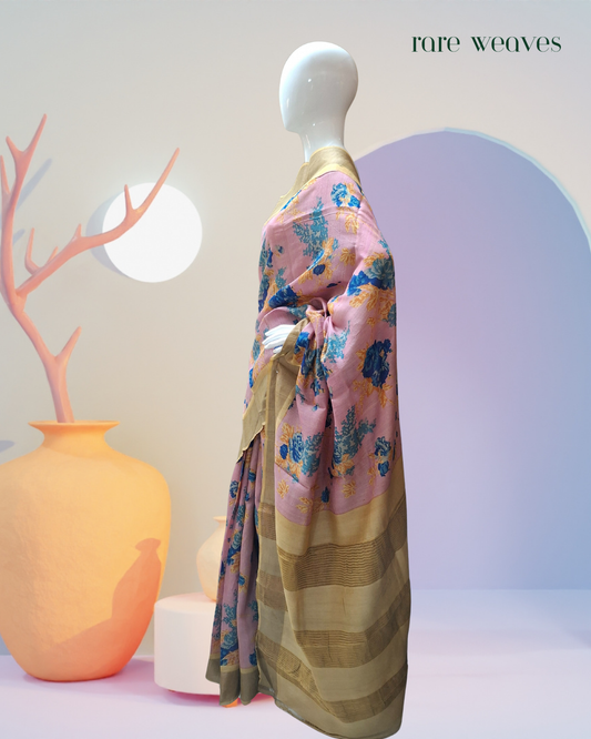 Handmade Tussar Silk with Digital Print and Zari Border