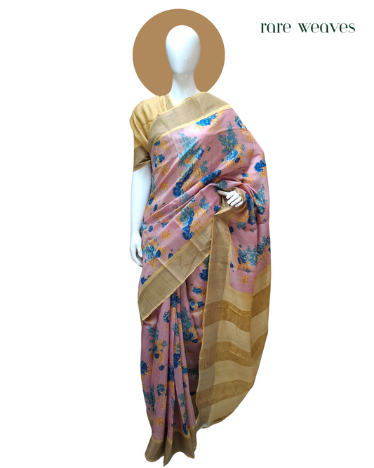 Handmade Tussar Silk with Digital Print and Zari Border