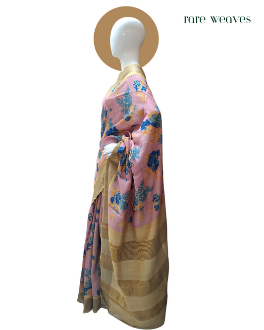 Handmade Tussar Silk with Digital Print and Zari Border