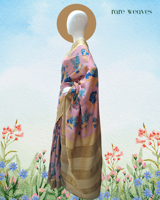 Handmade Tussar Silk with Digital Print and Zari Border