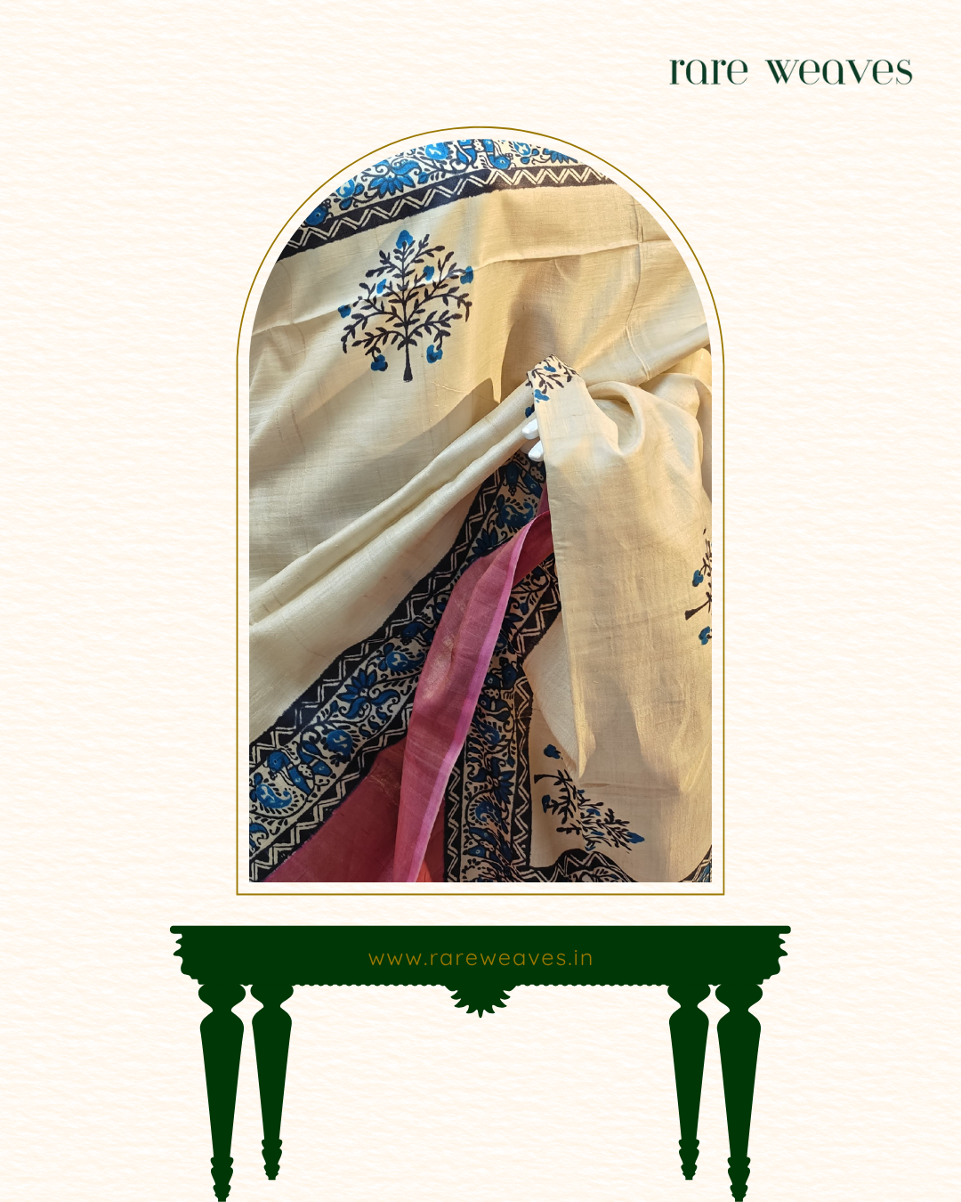 Handblock on Gachi Tussar Silk with Zari Border