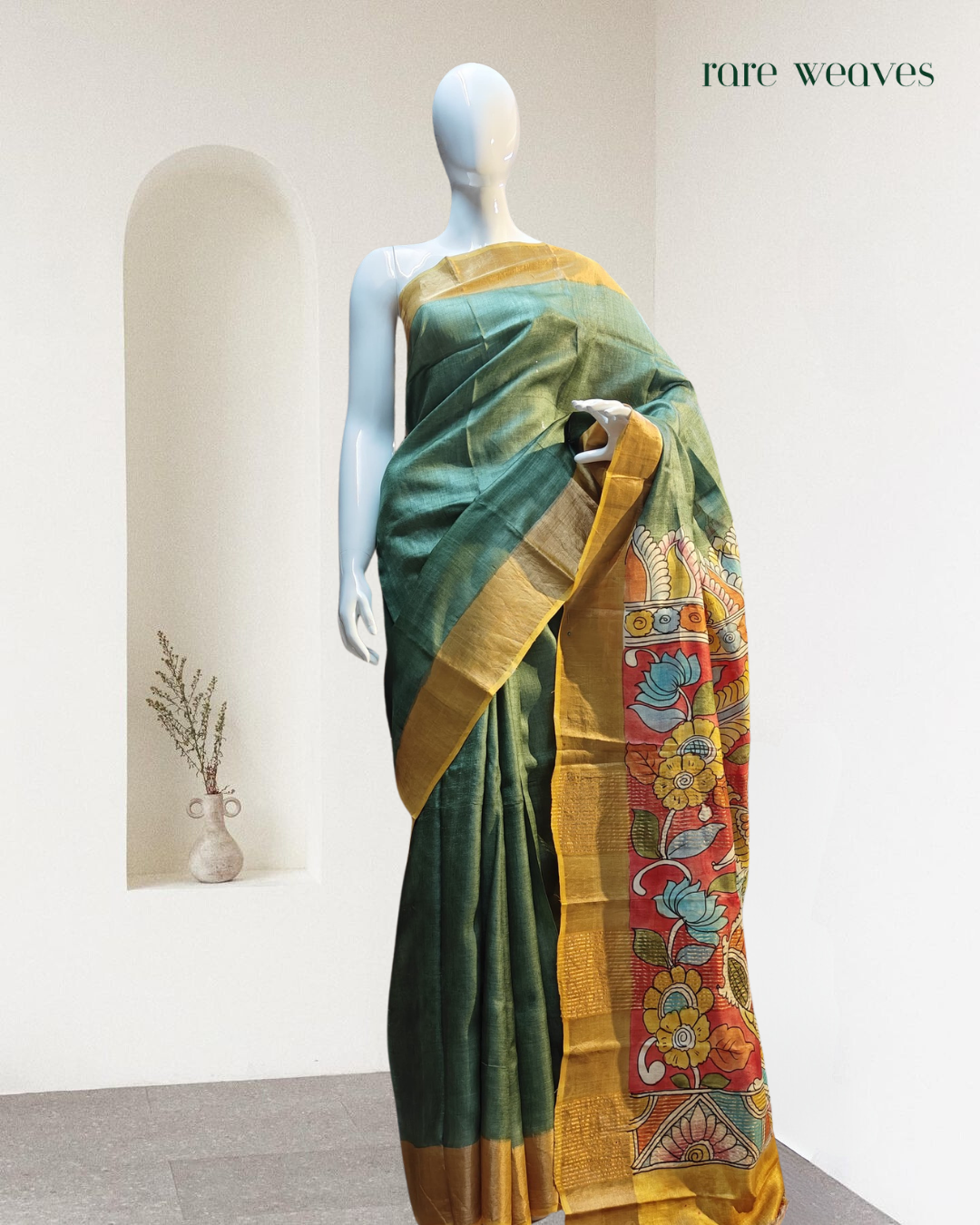 Handpainted Kalamkari on Tussar Silk with Zari Border