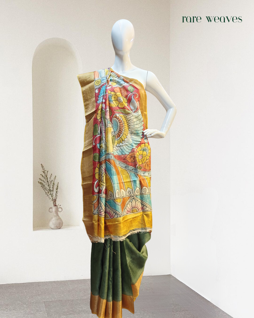 Handpainted Kalamkari on Tussar Silk with Zari Border