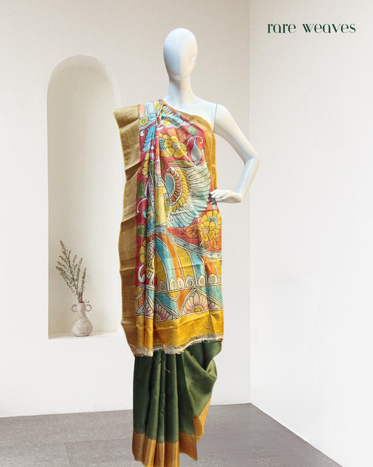 Handpainted Kalamkari on Tussar Silk with Zari Border