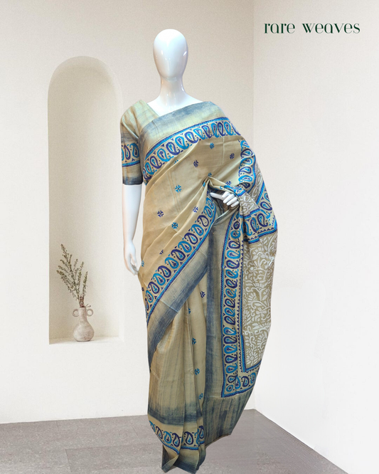 Kantha and Brush Painting on Gachi Tussar Silk
