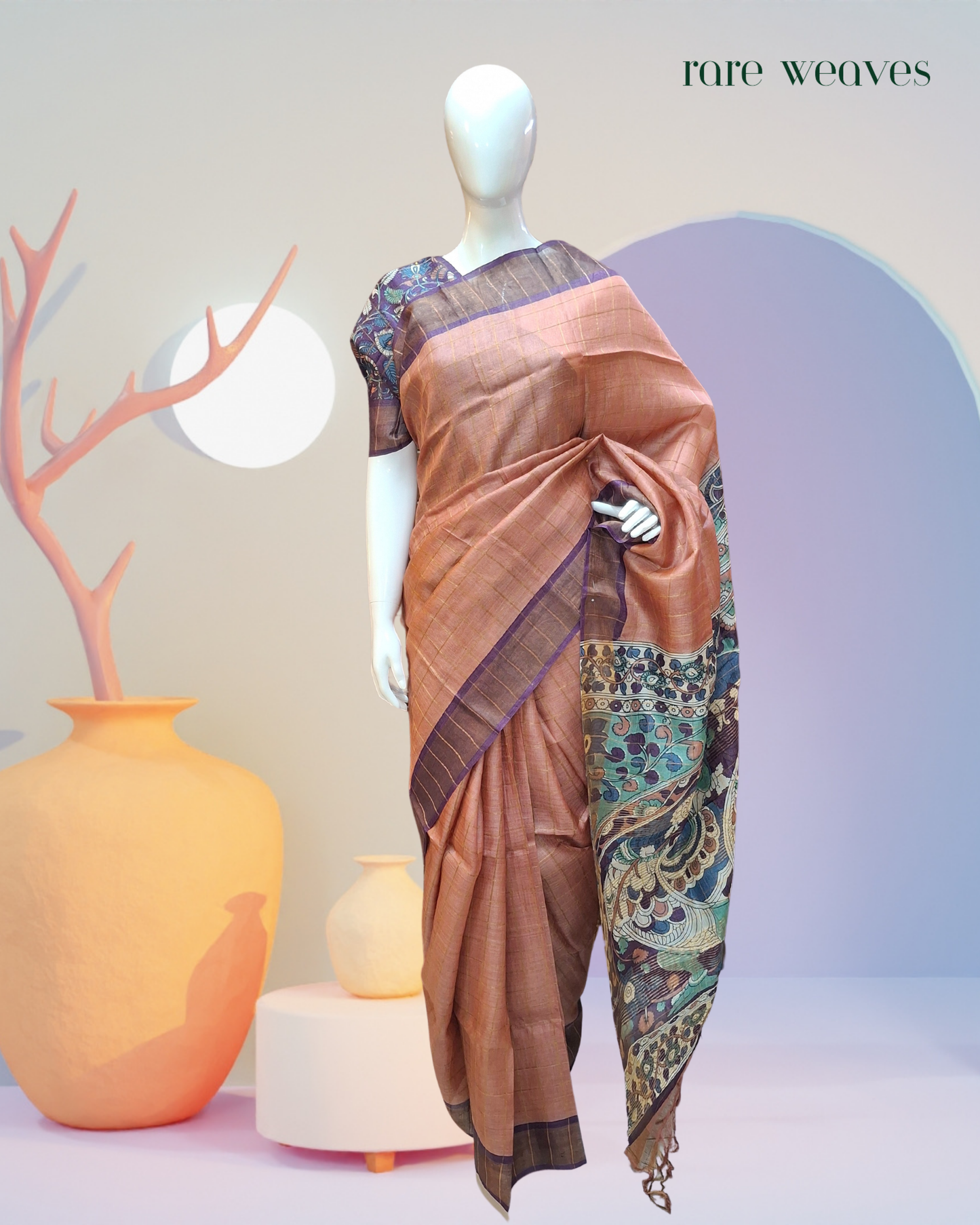 Gachi Tussar with Zari Border and Hand Kalamkari