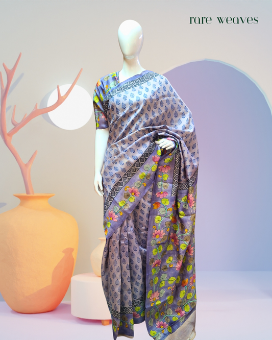 Handpainting and Hand Block on Gachi Tussar Silk Saree