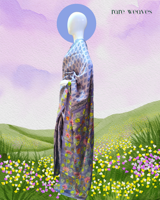 Handpainting and Hand-block on Gachi Tussar Silk Saree