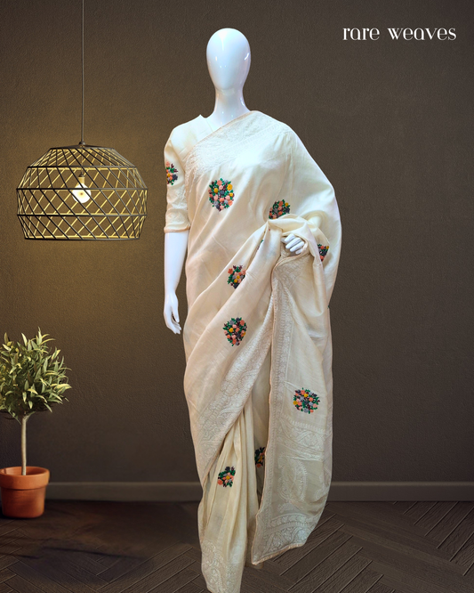 Handmade Tussar Silk with Bullion Stitch and Chikankari