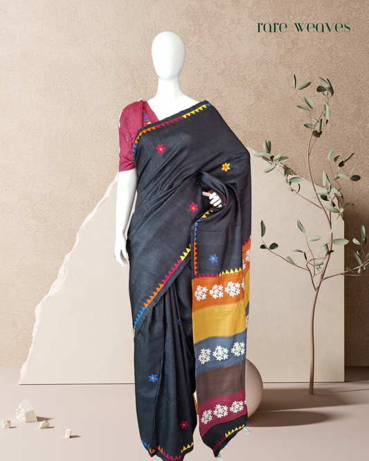 Gachi Tussar Silk Saree with Hand Embroidery