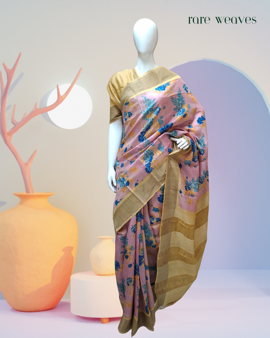Handmade Tussar Silk with Digital Print and Zari Border