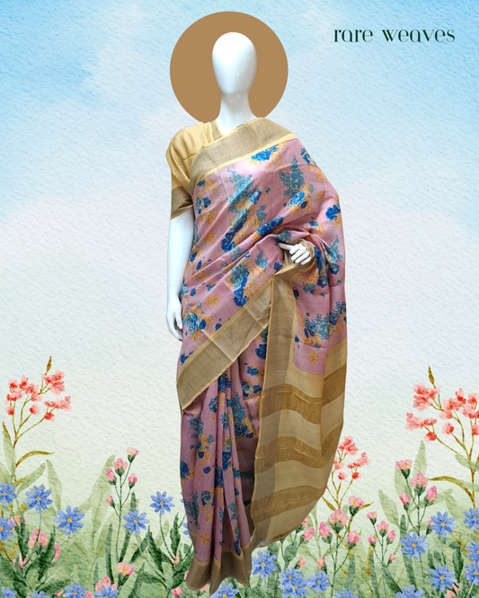 Handmade Tussar Silk with Digital Print and Zari Border