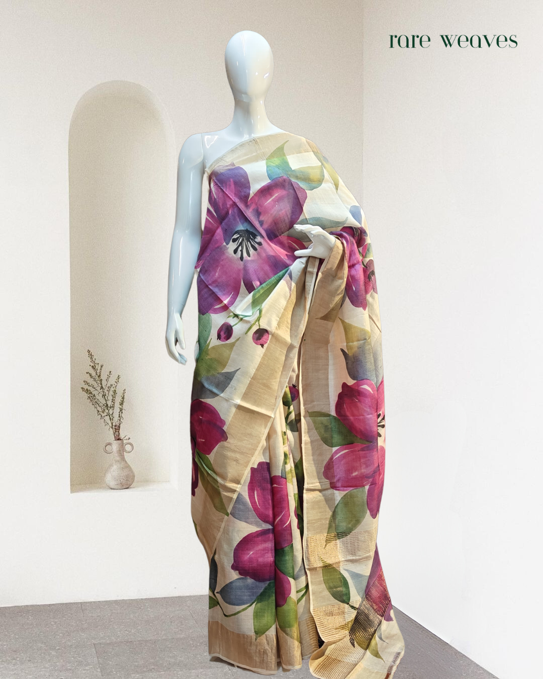 Handpainted Pure Tussar Silk with Zari Border