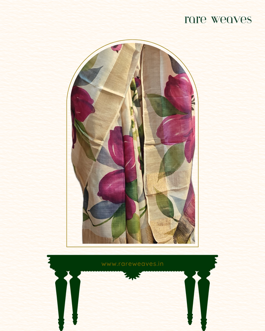 Handpainted Pure Tussar Silk with Zari Border