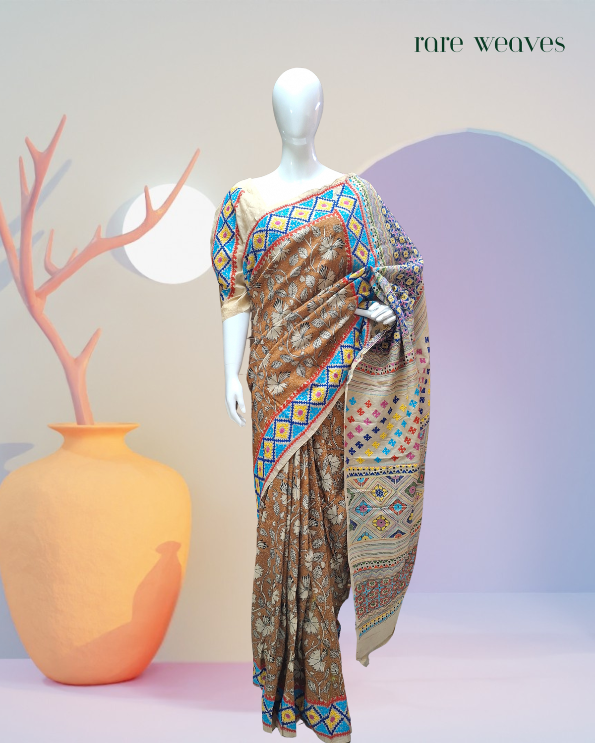 Reverse Kantha and Gujarati Hand Embroidery on Pure Gachi Tussar