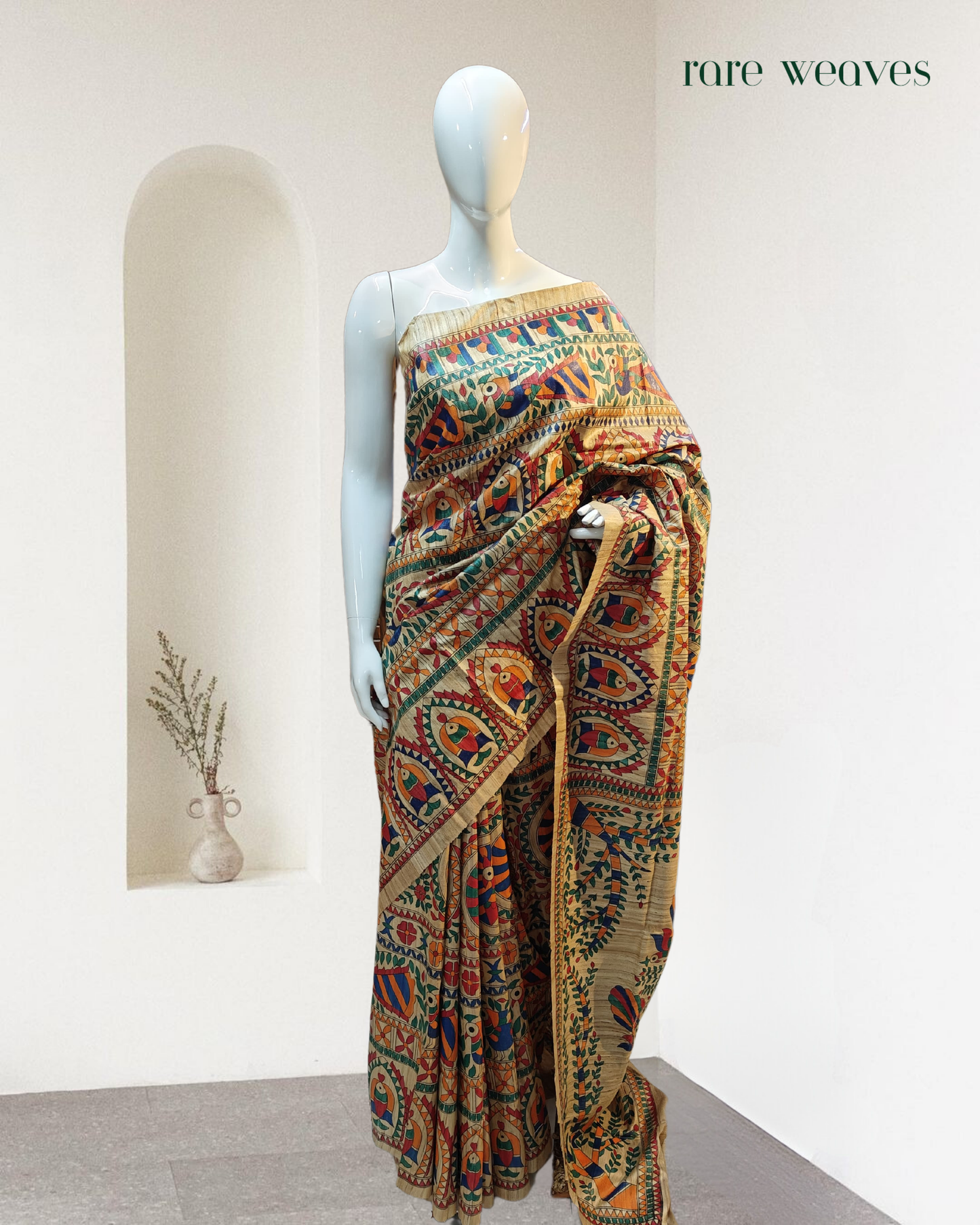 Handpainted Madhubani on Ghicha Tussar