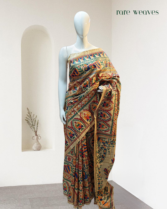 Handpainted Madhubani on Ghicha Tussar