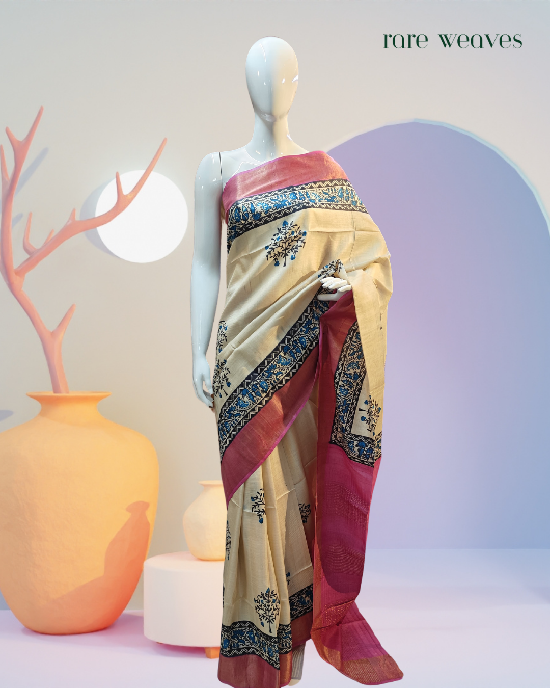 Handblock on Gachi Tussar Silk with Zari Border